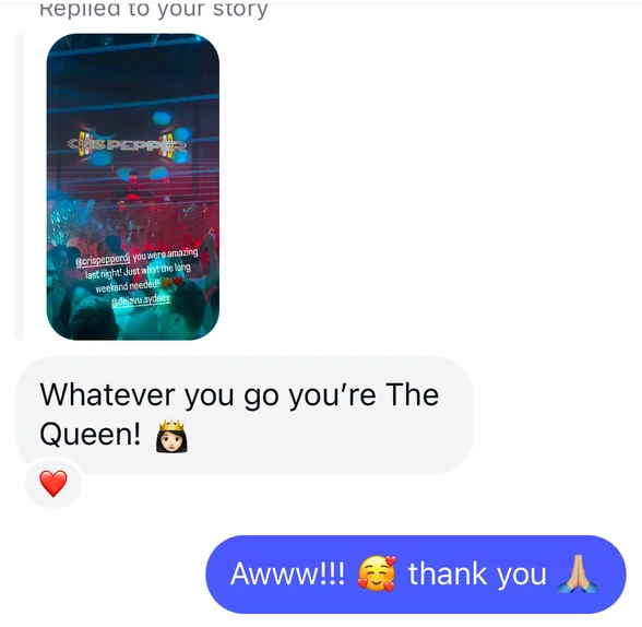 Screenshot of a reply to an Instagram story: Whatever you go you're The Queen!